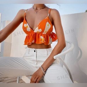 Orange Floral Ruffle Crop Top
